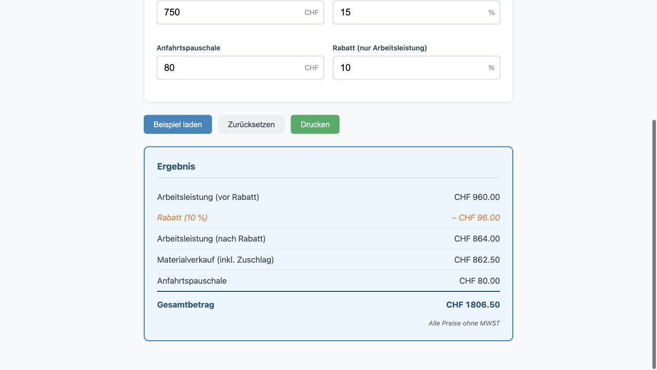 Mit NIKARI erstellter Offertenrechner mit CHF 1’806.50 Gesamtbetrag