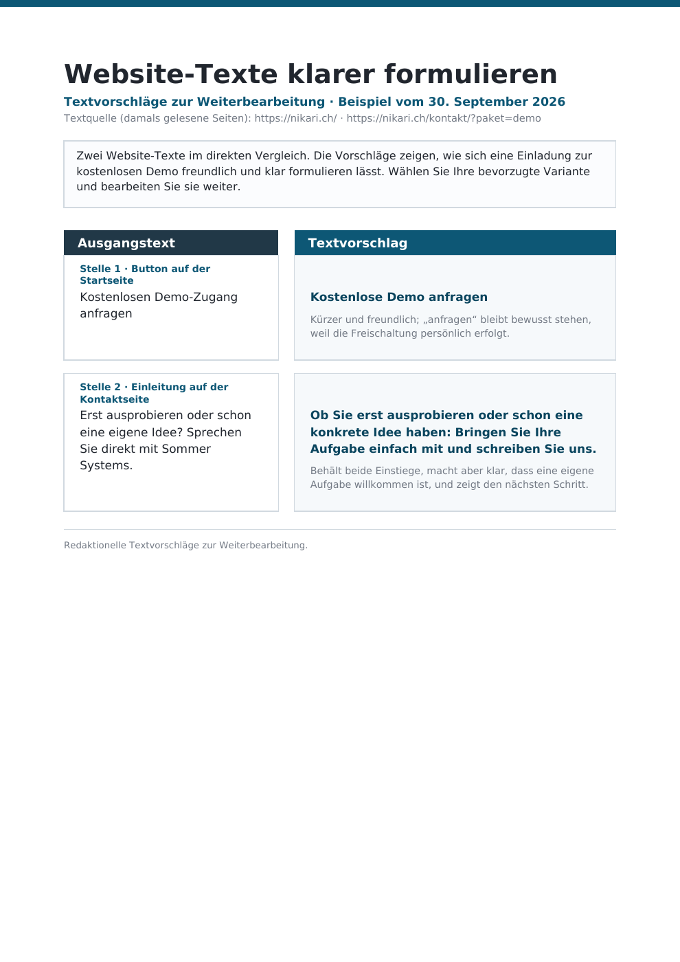 Mit NIKARI erstellter Vergleich von Ausgangstext und Textvorschlag